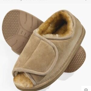 Hammacher Schlemmer Women's Open Toe Adjustable Sheepskin Suede Slippers XL